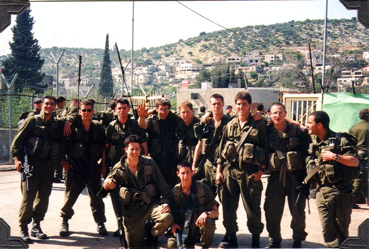 (Left to right back row) Me, Alon Schnabel, Ori Lev-Ran, Yigal Livner, Ofer Grembek, Tamir Kelah, Eran Bider, Nimrod Gafni, (front row left to right) Dani Miltau, Noam Lindenbaum. In the army base in Kabatiya in the West Bank.